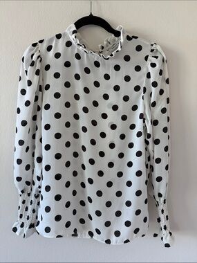 Blouse with Black Polka Dots and Ruffled Neck